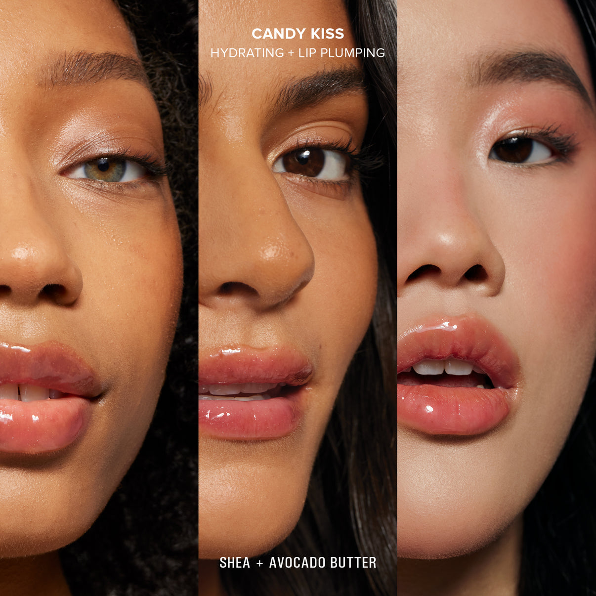 Candy Kiss Hydrating Peptide Lip Butter HYDRATING + LIP PLUMPING SHEA + AVOCADO BUTTER swatches on 3 different skin tones