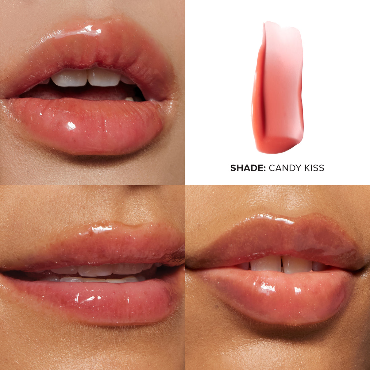 Candy Kiss Hydrating Peptide Lip Butter HYDRATING + LIP PLUMPING SHEA + AVOCADO BUTTER swatches on 3 different skin tones