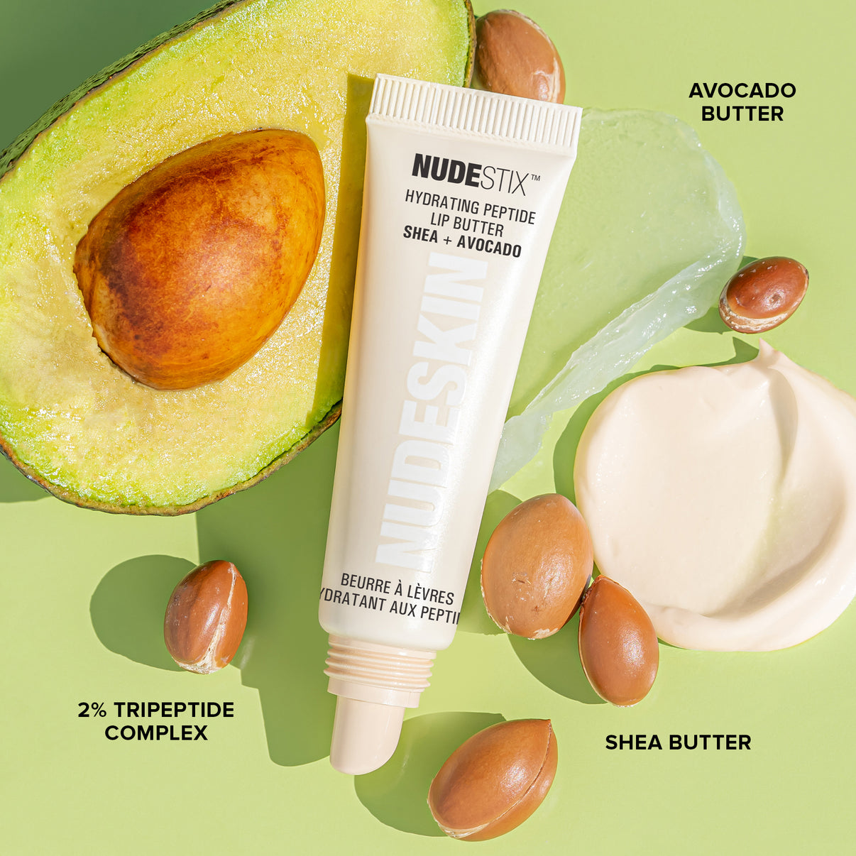 NUDESTIX™ HYDRATING PEPTIDE LIP BUTTER SHEA + AVOCADO BEURRE À LÈVRES YDRATANT AUX PEPTI 2% TRIPEPTIDE COMPLEX AVOCADO BUTTER SHEA BUTTER