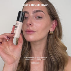 Taylor Frankel showing a Dewy Blush hack using Dewy Barrier Hydrating Stick