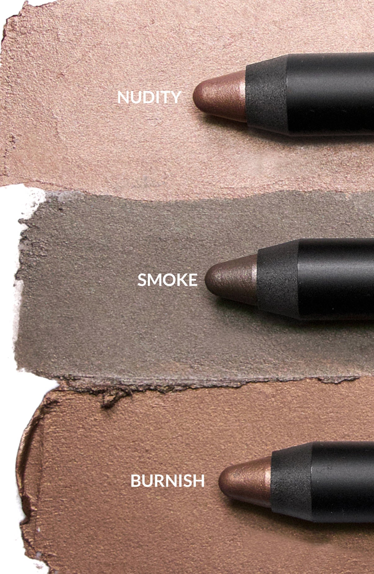 Swatches of Magnetic Luminous Eye Color in NUDITY, BURNISH, and SMOKE