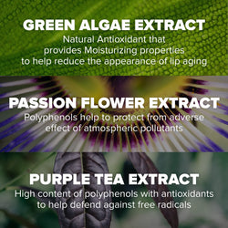 Green Algae Extract
A natural antioxidant that provides moisturizing properties to help reduce the appearance of lip aging.
Passion Flower Extract
Rich in polyphenols, it helps protect the lips from the harmful effects of environmental pollutants.
Purple Tea Extract
Packed with polyphenols and antioxidants, it helps defend against free radicals and environmental stressors.