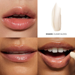 •	CLEAR GLOSS HYDRATING + LIP PLUMPING SHEA + AVOCADO BUTTER swatches on 3 different skin tones