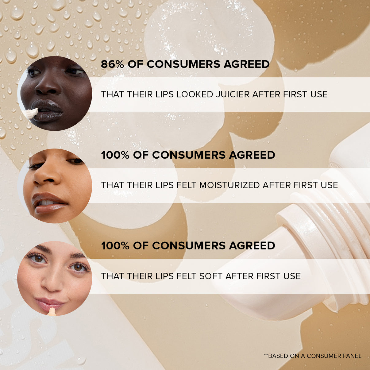 clear gloss 86% OF CONSUMERS AGREED THAT THEIR LIPS LOOKED JUICIER AFTER FIRST USE 100% OF CONSUMERS AGREED THAT THEIR LIPS FELT MOISTURIZED AFTER FIRST USE 100% OF CONSUMERS AGREED THAT THEIR LIPS FELT SOFT AFTER FIRST USE "BASED ON A CONSUMER PANEL