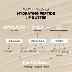 WHY IT WORKS HYDRATING PEPTIDE LIP BUTTER AVOCADO + SHEA BUTTER BUTTER 十 2% TRIPEPTIDE COMPLEX Antioxidant Vitamin A & E Peptides HYDRATES SOFTENS SOOTHES PROTECTS PLUMPING LOCK IN MOISTURE VOLUME 3-in-1 Lip Butter: Hydrating + Plumping + Gloss