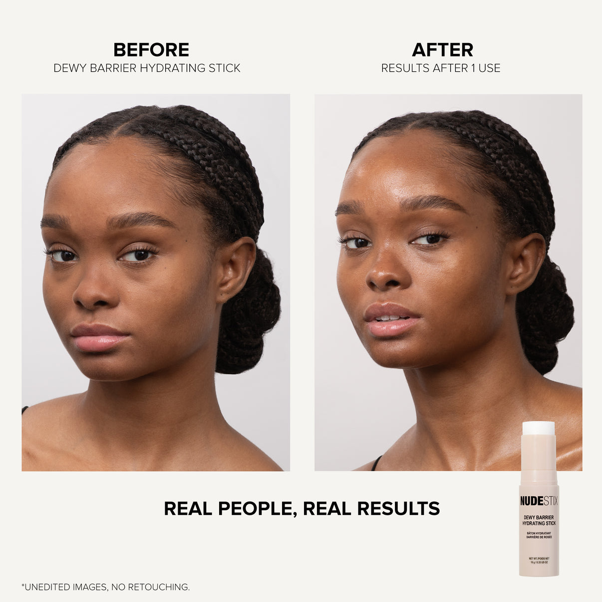 Dark skinned model before and after using Dewy Barrier Hydrating Stick