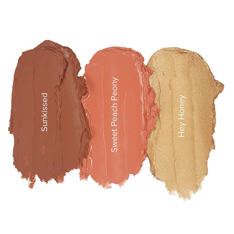 Nudestix color swatches in Hey, Honey, Sunkissed and Sweet Peach Peony